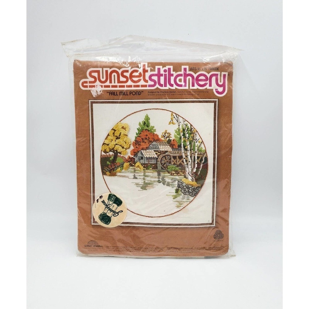 Fall Mill Pond Watermill Sunset Stitchery 20 X 20 Wool Kit 1978 Factory Sealed